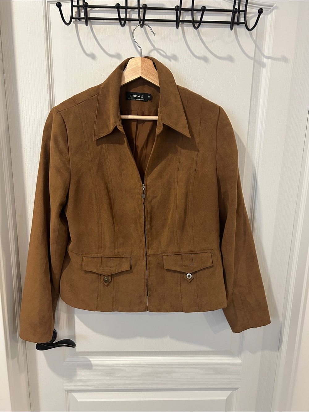 Tribal Faux Suede Zip-Front Jacket in Warm Tan